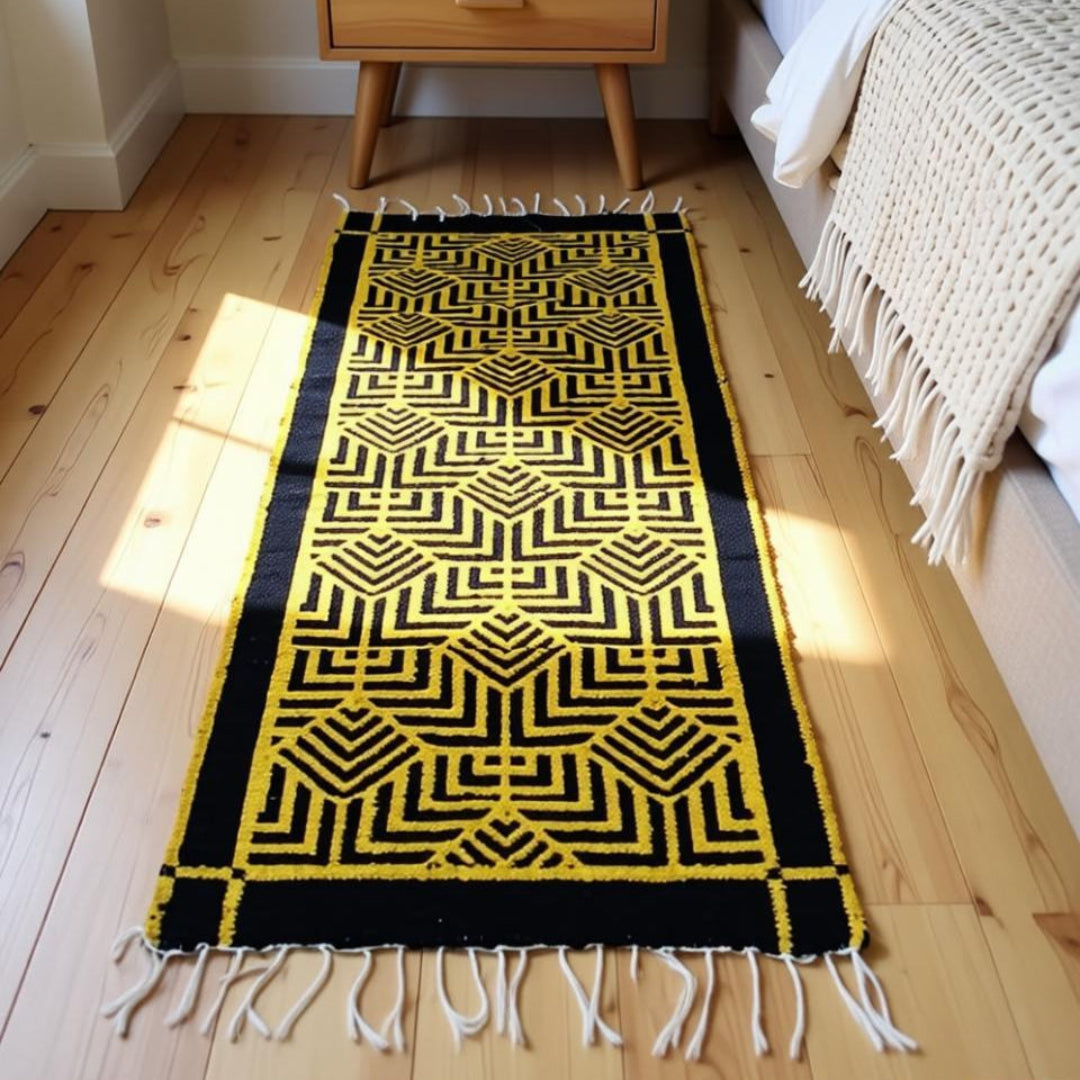 Yellow and black patterned rug on a wooden floor with a wooden nightstand and bed in the background.