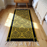 Yellow and black patterned rug on a wooden floor with a wooden nightstand and bed in the background.