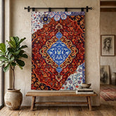 a decorative design printed on a fabric hanging with 4 hanging strips on a hanging rod