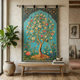 a decorative design printed on a fabric hanging with 4 hanging strips on a hanging rod