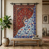 a decorative design printed on a fabric hanging with 4 hanging strips on a hanging rod