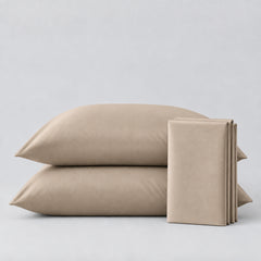 Plain Cotton Satin Bedsheet Set Sand Beige placed on light grey background