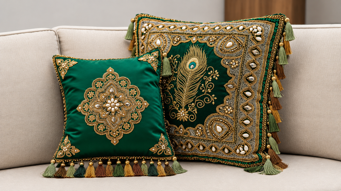 Green cushion covers with gold detailing, a peacock-feather motif and tasselled edges on a cream sofa