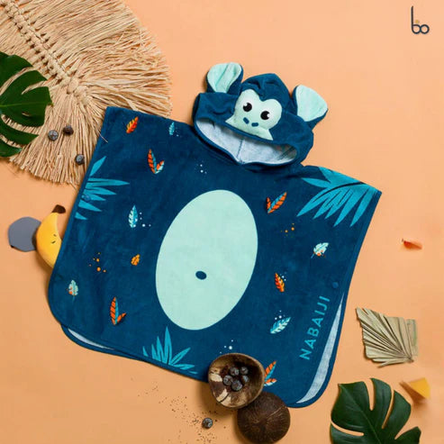 Navy jungle-animal hooded towel poncho displayed flat.