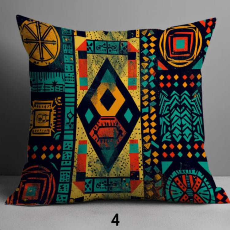 Cushion cover with colourful geometric panels and a large yellow, blue and red diamond.