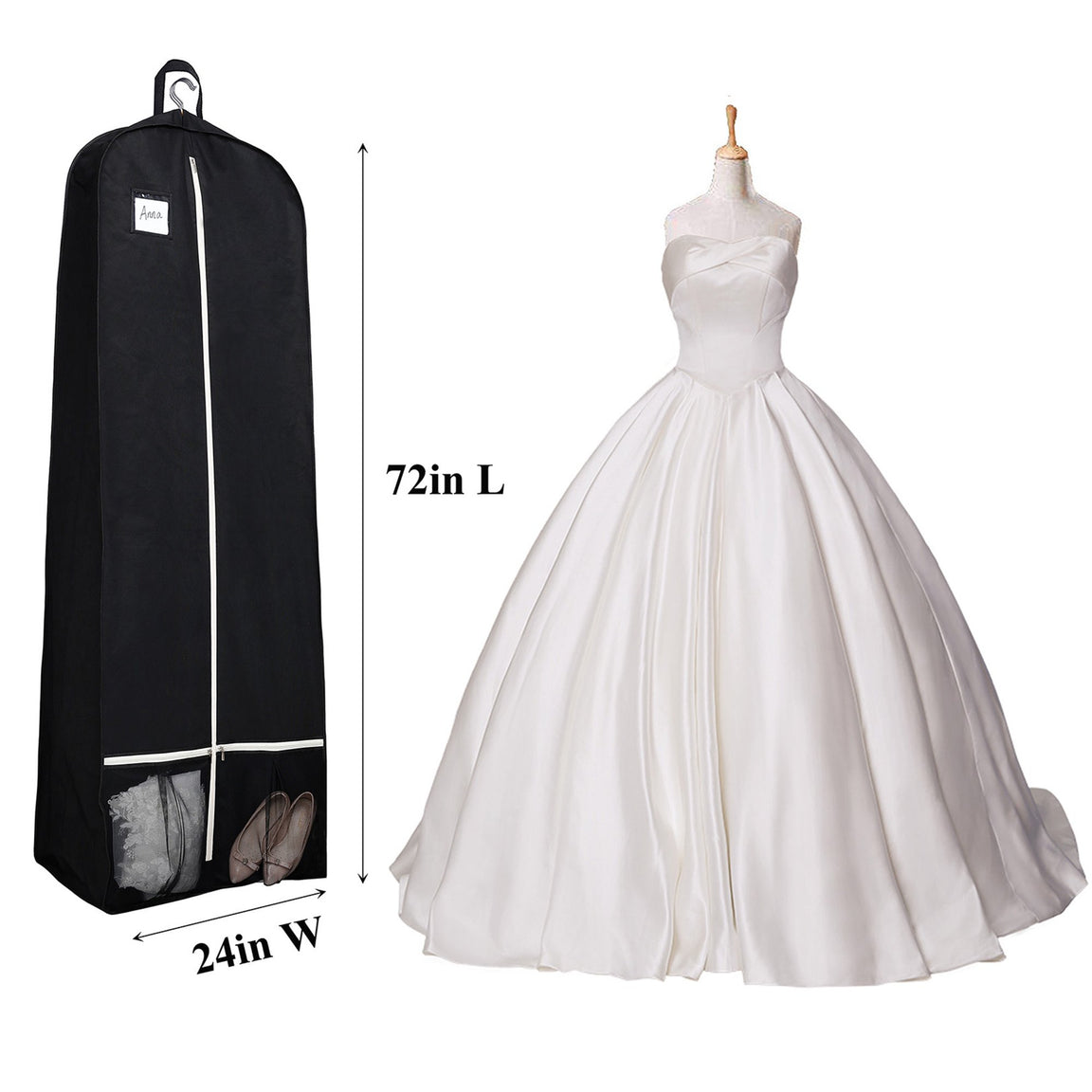 Long black gown bag beside a wedding dress, with dimension markings.