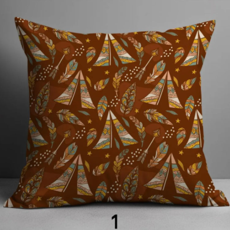 Brown cushion cover with a dense cream and tan abstract leaf-like pattern.