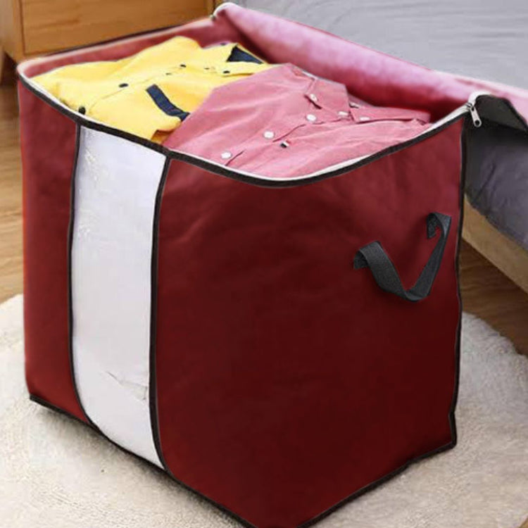 Open burgundy fabric storage bag holding folded clothes.