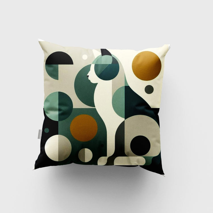Cream cushion cover with a tall stylised cat and overlapping green and mustard circles.