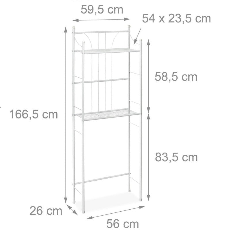 Dimension diagram of a tall white over-washer storage rack