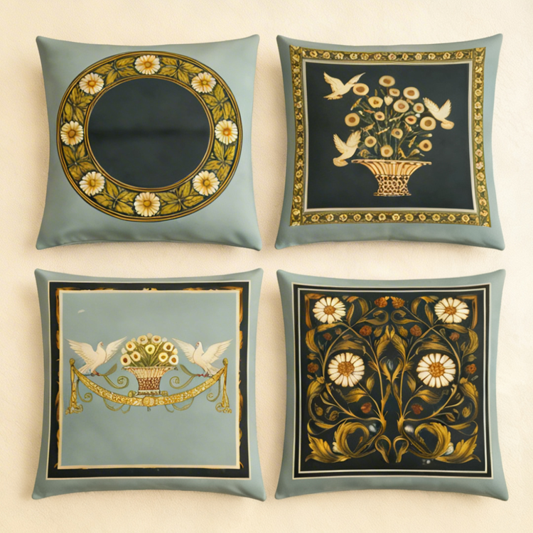Four green and pale blue cushion covers with ornamental floral borders and bird designs.