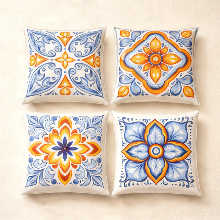 Four white cushion covers with ornate blue, orange and yellow floral tile designs.