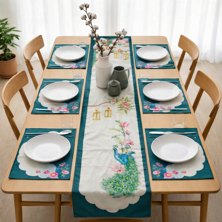 Cream peacock-print table runner with teal borders and matching placemats.