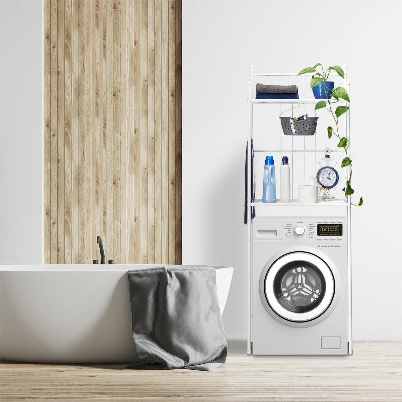 White over-washer rack with shelves, hanging basket and trailing plant