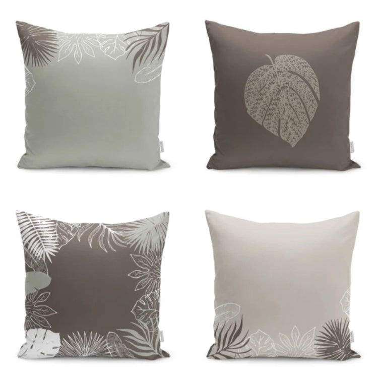 Four sage, taupe and cream cushion covers with pale botanical outlines.