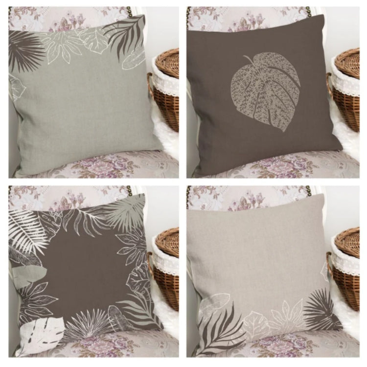 Four sage, taupe and cream cushion covers with pale botanical outlines.
