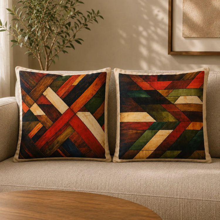 Two cushion covers with earthy multicoloured interwoven geometric bands on a sofa.