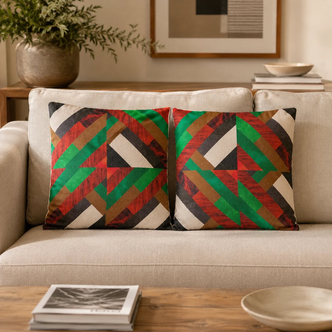 Two cushion covers with vivid red, green and brown diagonal geometric bands on a sofa.