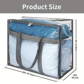 Dimension graphic of a clear zippered storage bag with gray trim and handles