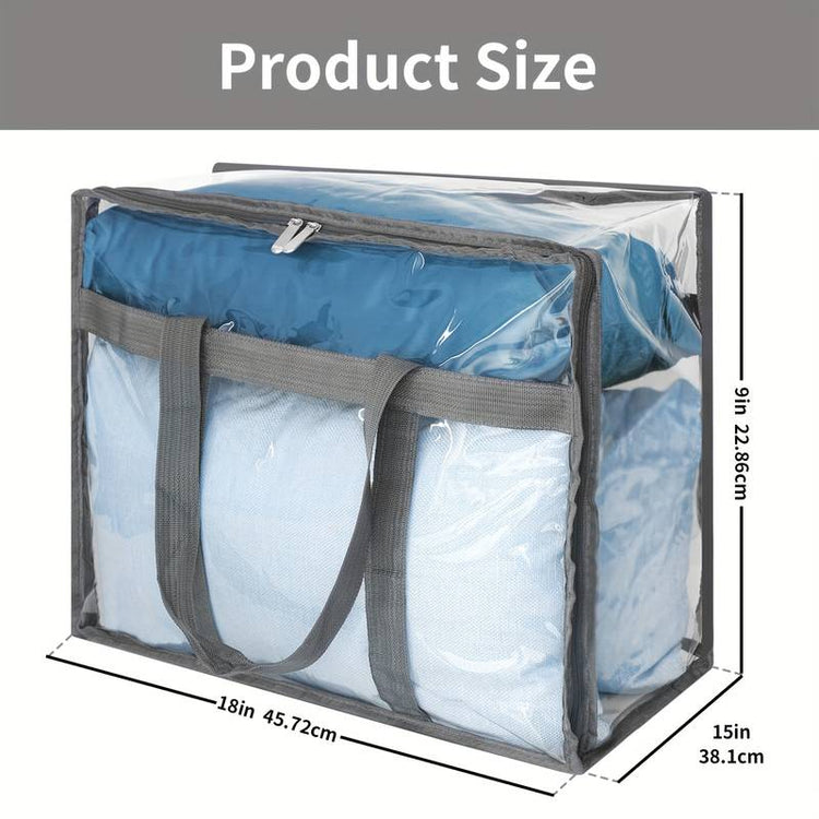 Dimension graphic of a clear zippered storage bag with gray trim and handles