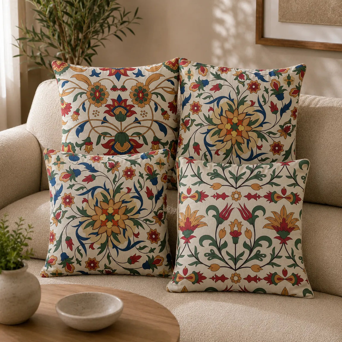 Four cream cushion covers with ornate multicoloured floral patterns on a sofa.
