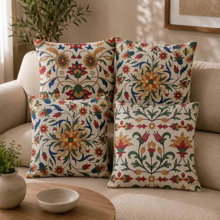 Four cream cushion covers with ornate multicoloured floral patterns on a sofa.