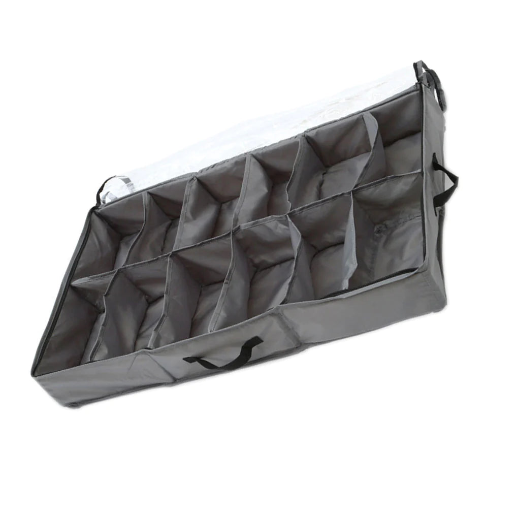 Empty grey shoe organizer with divided compartments and a side handle.
