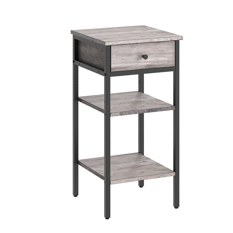 Empty gray-brown side table with one drawer and two open shelves