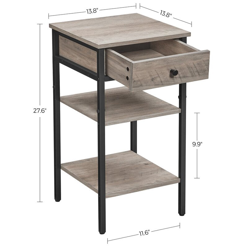 Dimension diagram of a narrow side table with drawer open