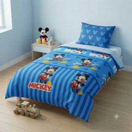 Blue striped children's bedsheet with cartoon mouse characters.