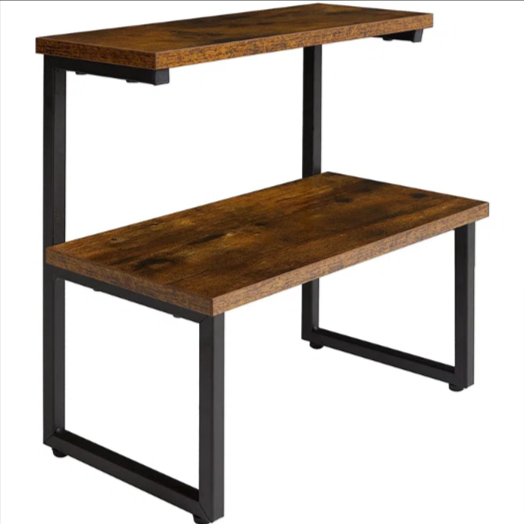 Empty two-tier brown countertop shelf with rectangular black supports