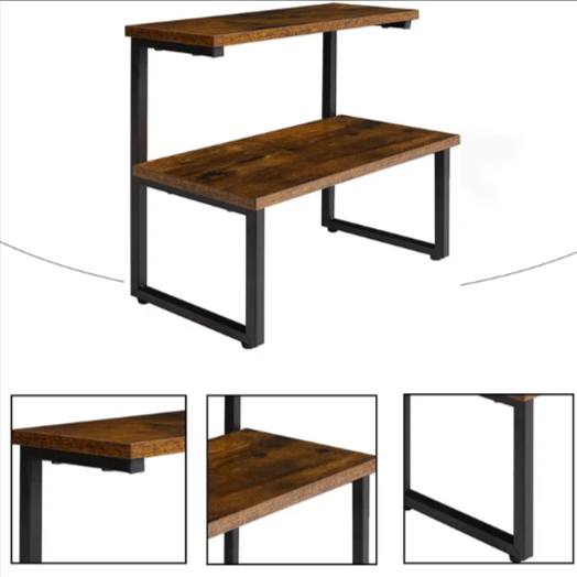 Two-tier brown countertop shelf with inset views of the shelves and black supports