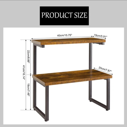 Dimension diagram of a two-tier brown countertop shelf with black supports