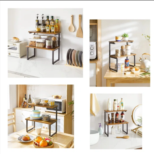 Collage of a two-tier brown countertop rack holding spices and kitchen items