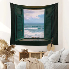Tapestry depicting an open green window overlooking the sea.