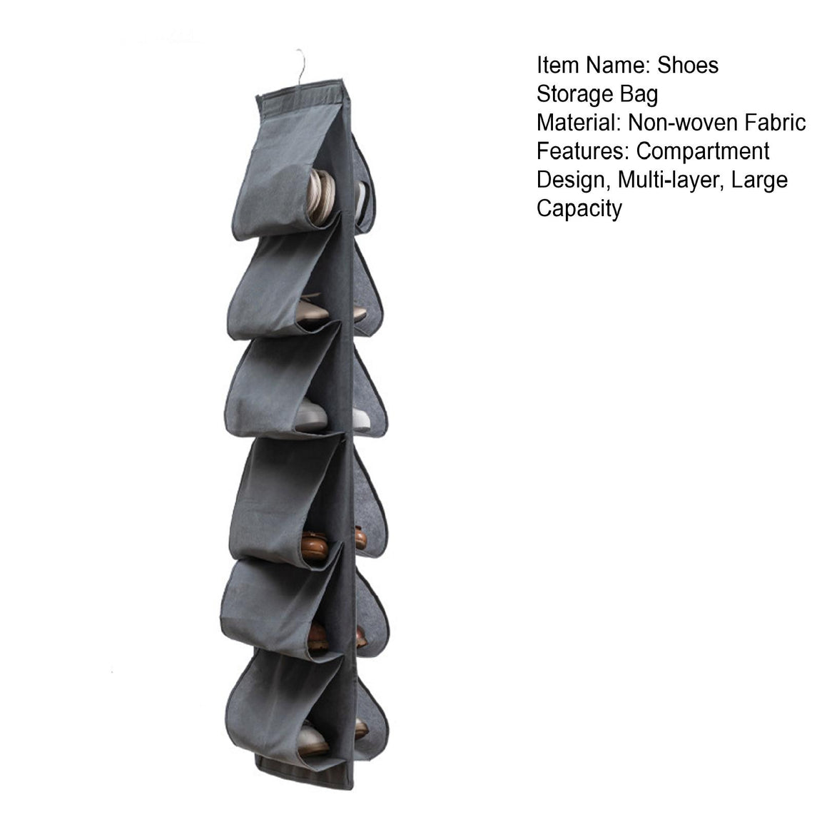 Grey hanging shoe organizer with product feature labels.