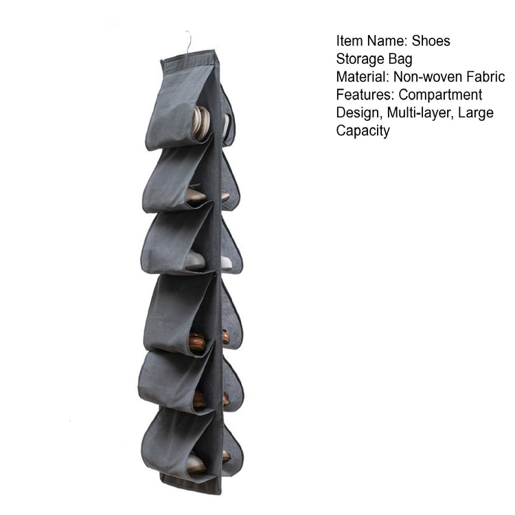 Grey hanging shoe organizer with product feature labels.