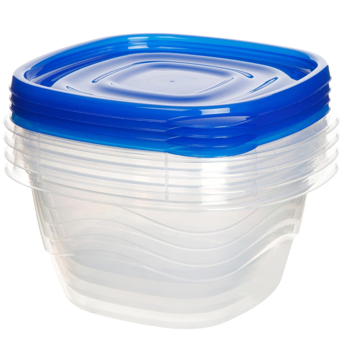 Stacked clear bowls showing their blue-rimmed lids.