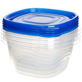Stacked clear bowls showing their blue-rimmed lids.