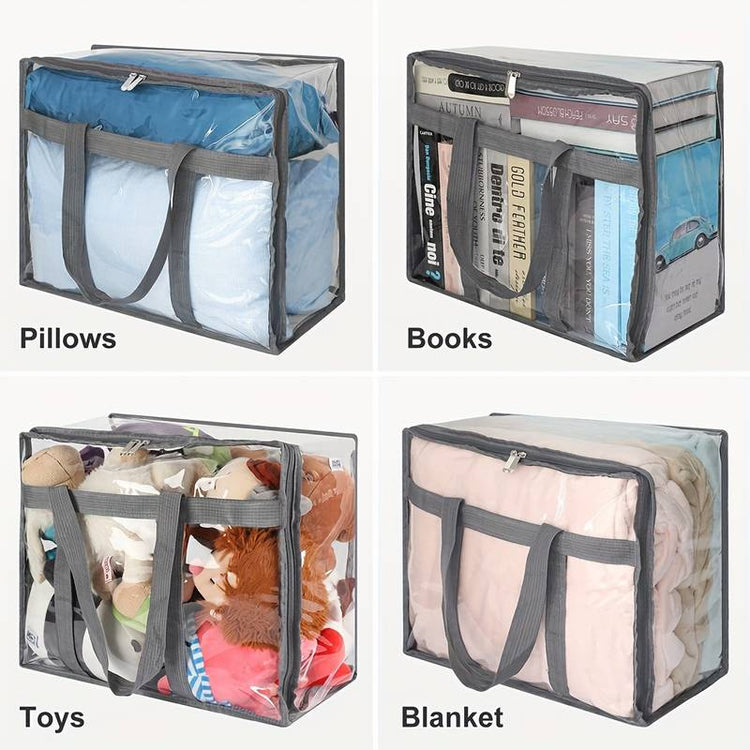 Collage of clear zippered storage bags holding pillows, books, toys and a blanket