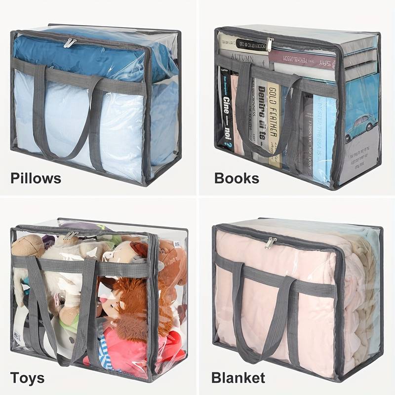 Collage of clear zippered storage bags holding pillows, books, toys and a blanket