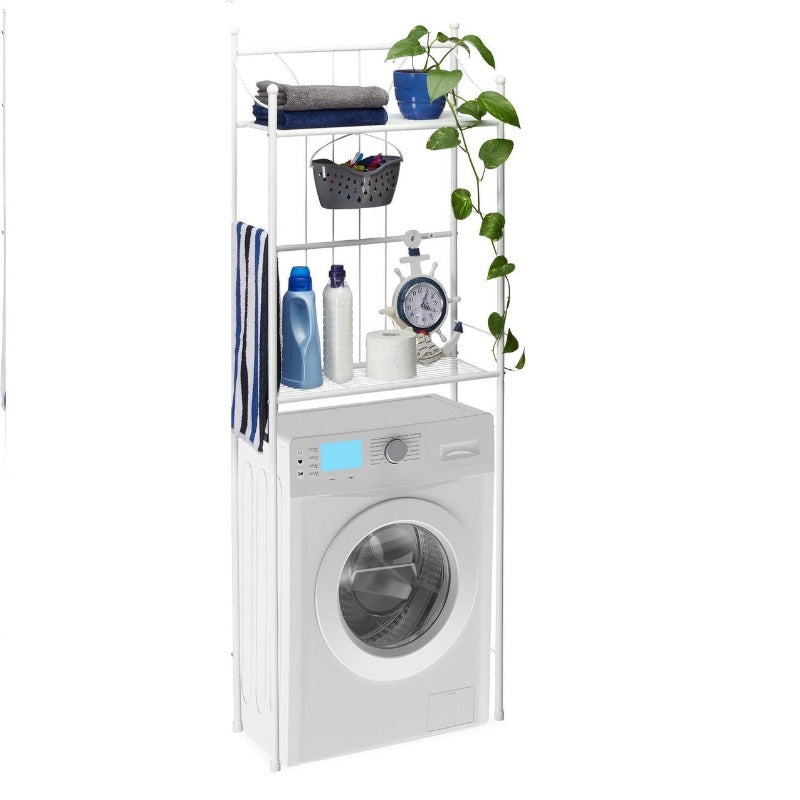 White over-washer rack holding toiletries, a clock and a hanging basket