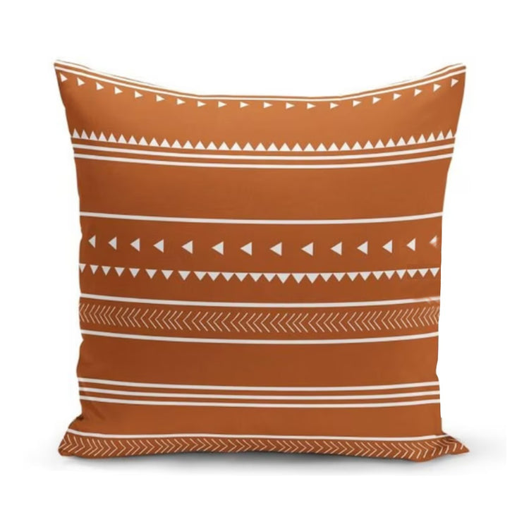 Rust cushion cover with fine horizontal white lines, dots and triangles.