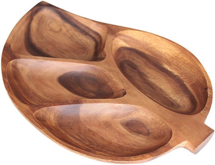Angled view of a brown leaf-shaped tray with four compartments