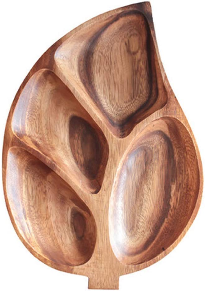 Brown leaf-shaped serving tray with four recessed sections viewed from above