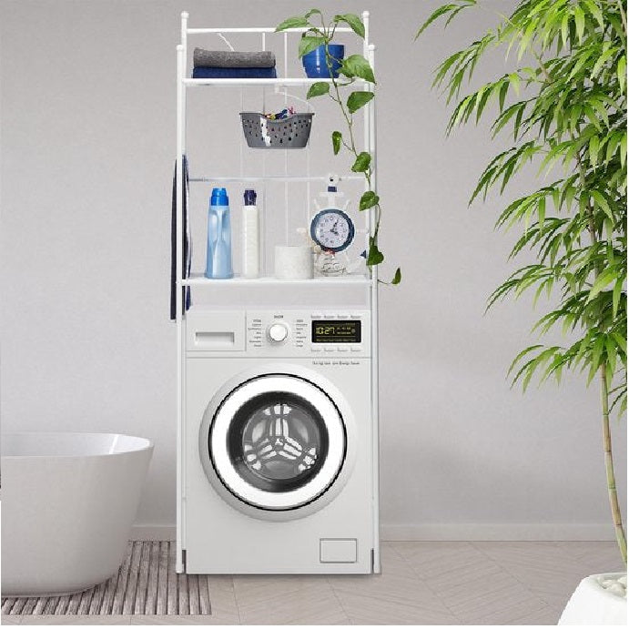 Close view of a white bathroom rack fitted above a washing machine