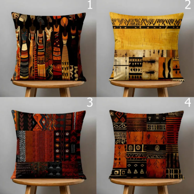 Four warm-toned patterned cushion covers displayed on wooden chairs.