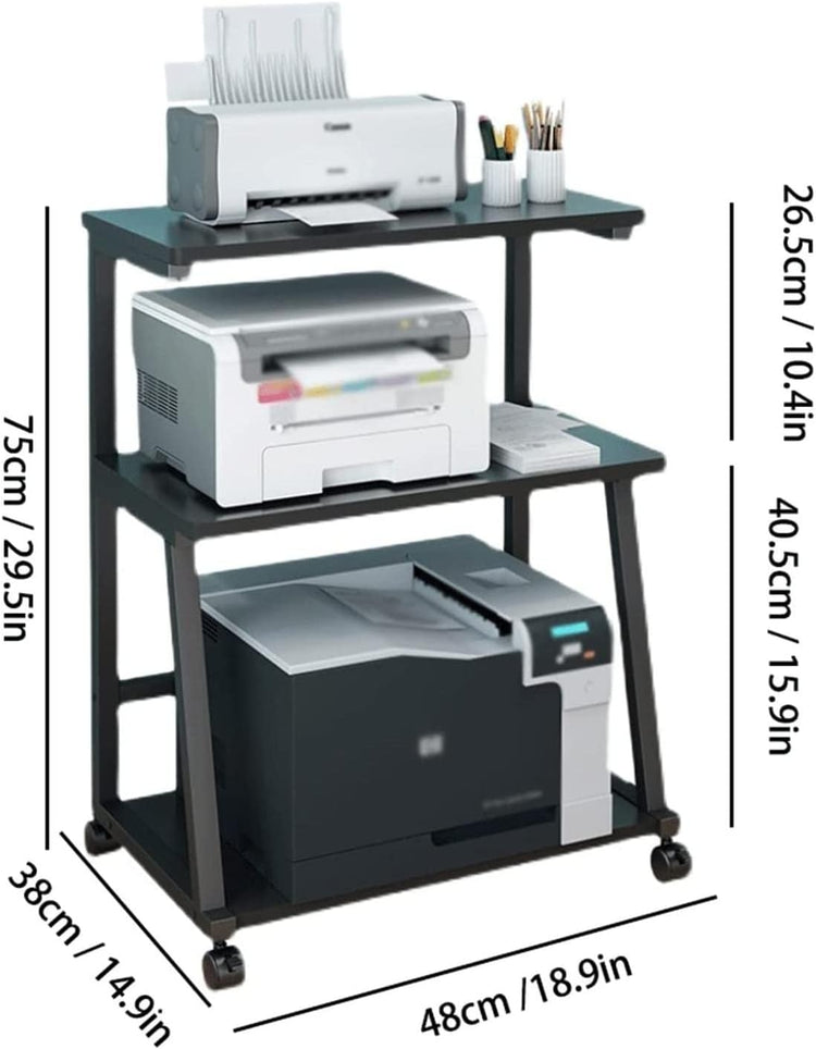 Dimension diagram of a three-tier black-frame printer cart holding printers.
