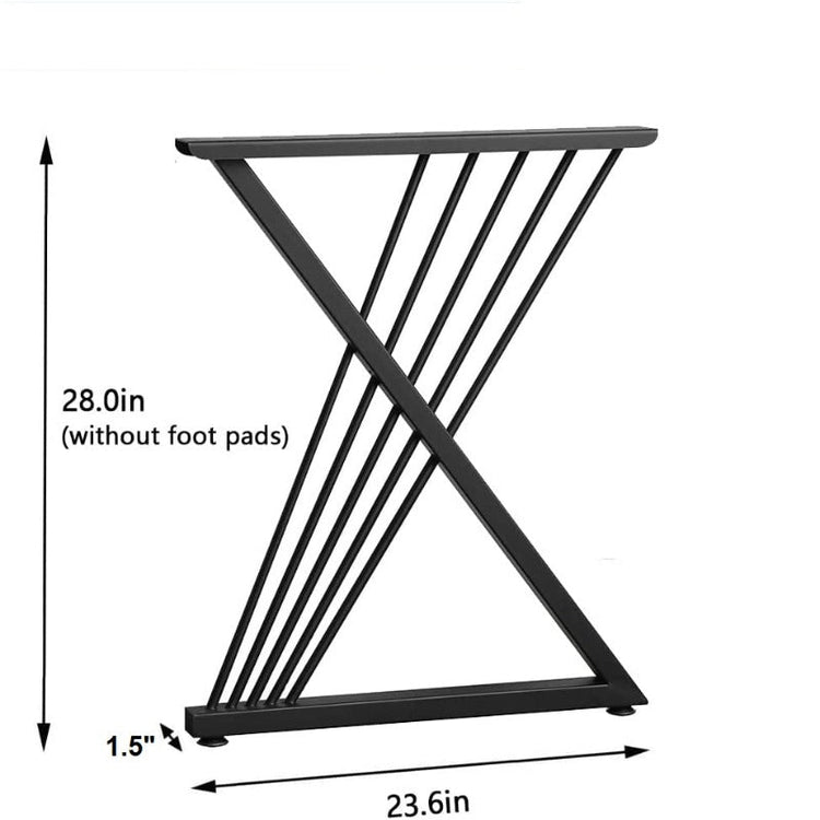 Dimension diagram of a black crossed desk-leg support with narrow diagonal rods.