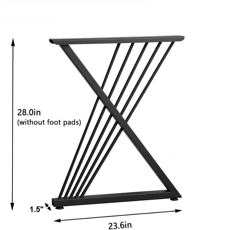 Dimension diagram of a black crossed desk-leg support with narrow diagonal rods.